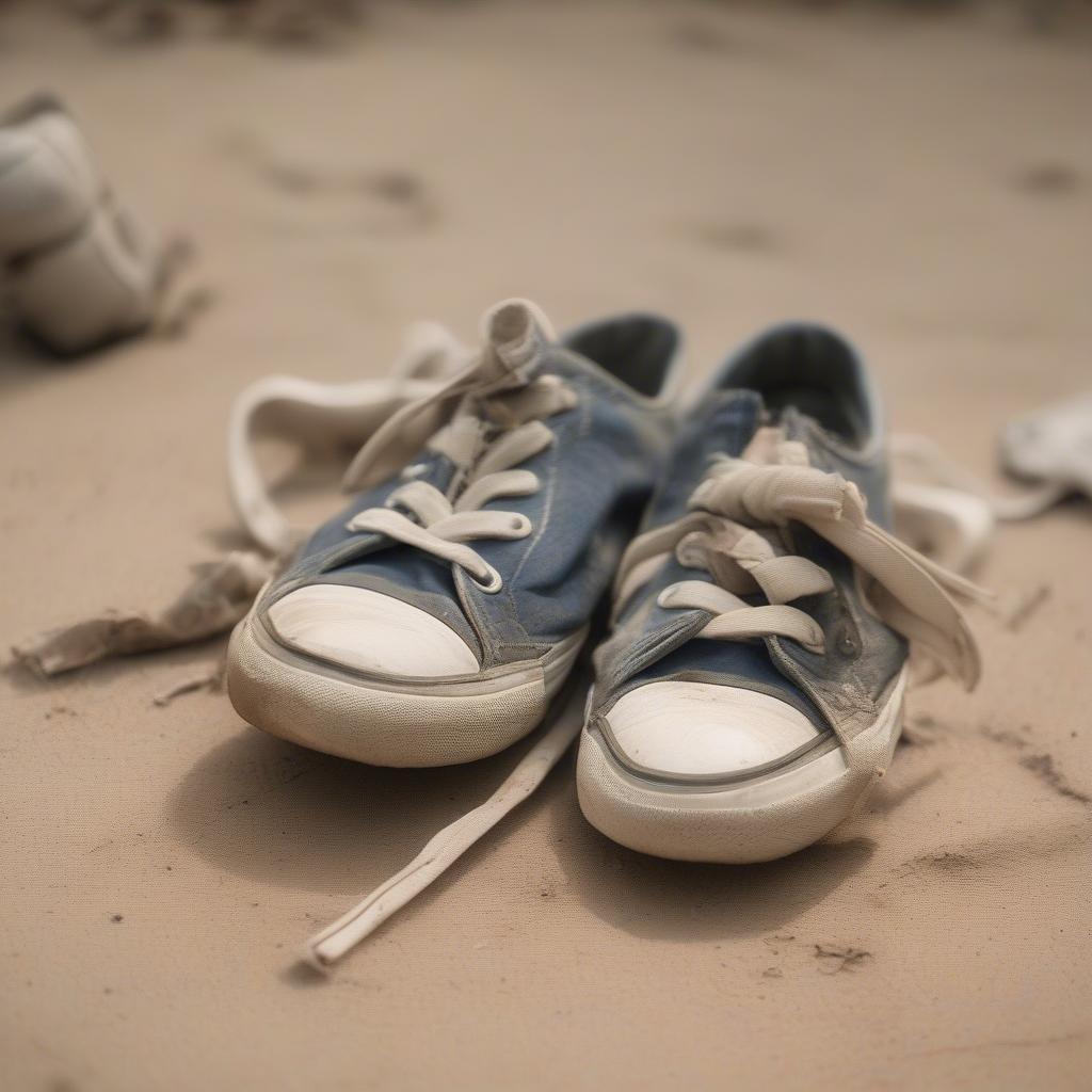 Close up of worn-out sneakers on a sandlot