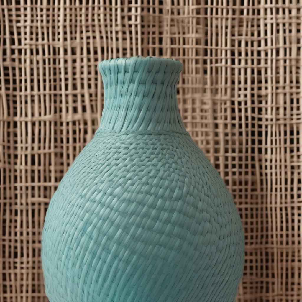 Close-up of Wicker and Rattan Weave on an Aqua Vase