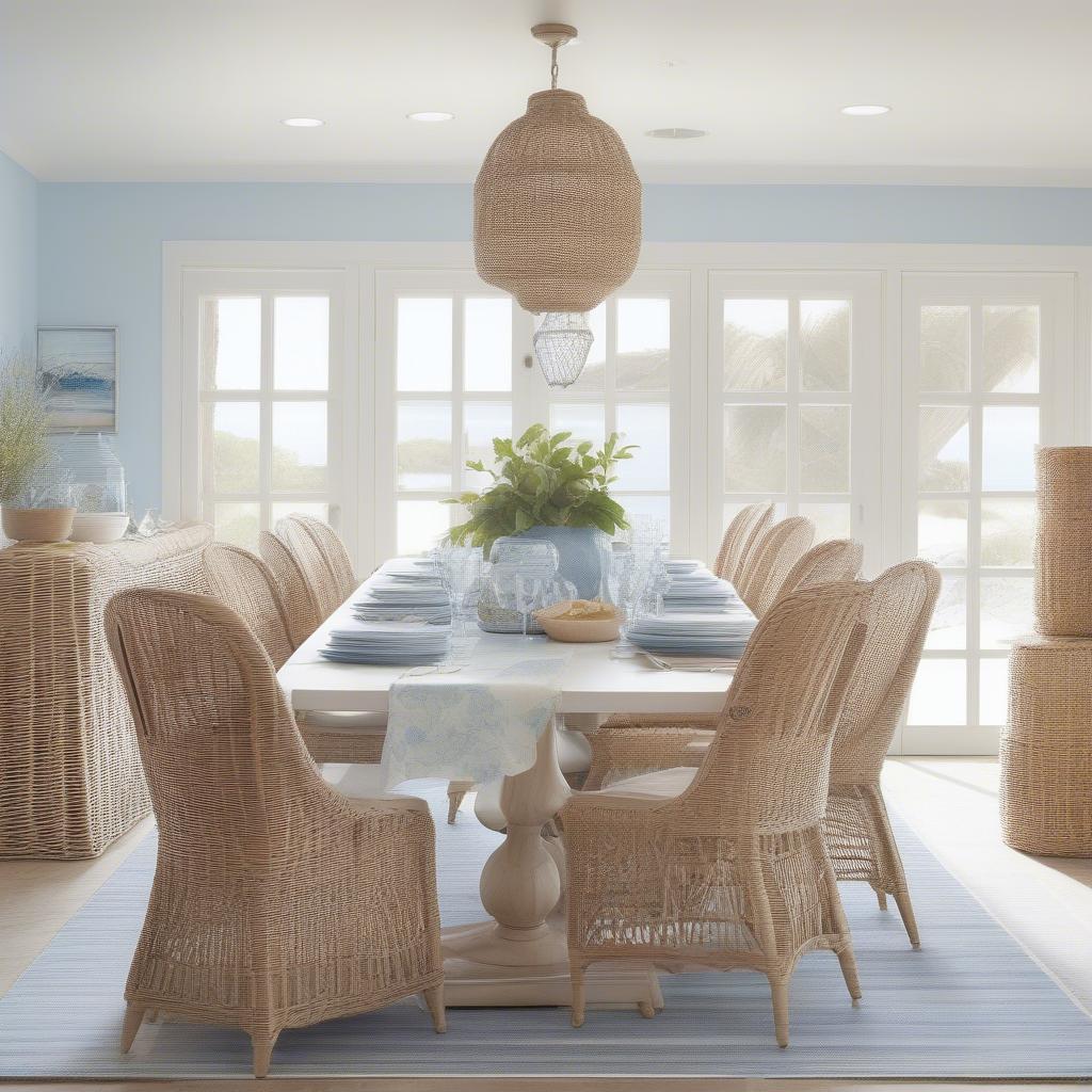 Coastal Dining Room with Wicker Chairs and Inspirational Wall Saying