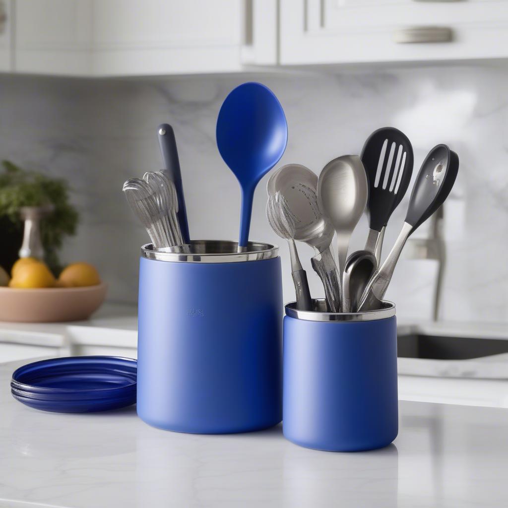 Modern Cobalt Blue Glass Utensil Holder with Stainless Steel Accents