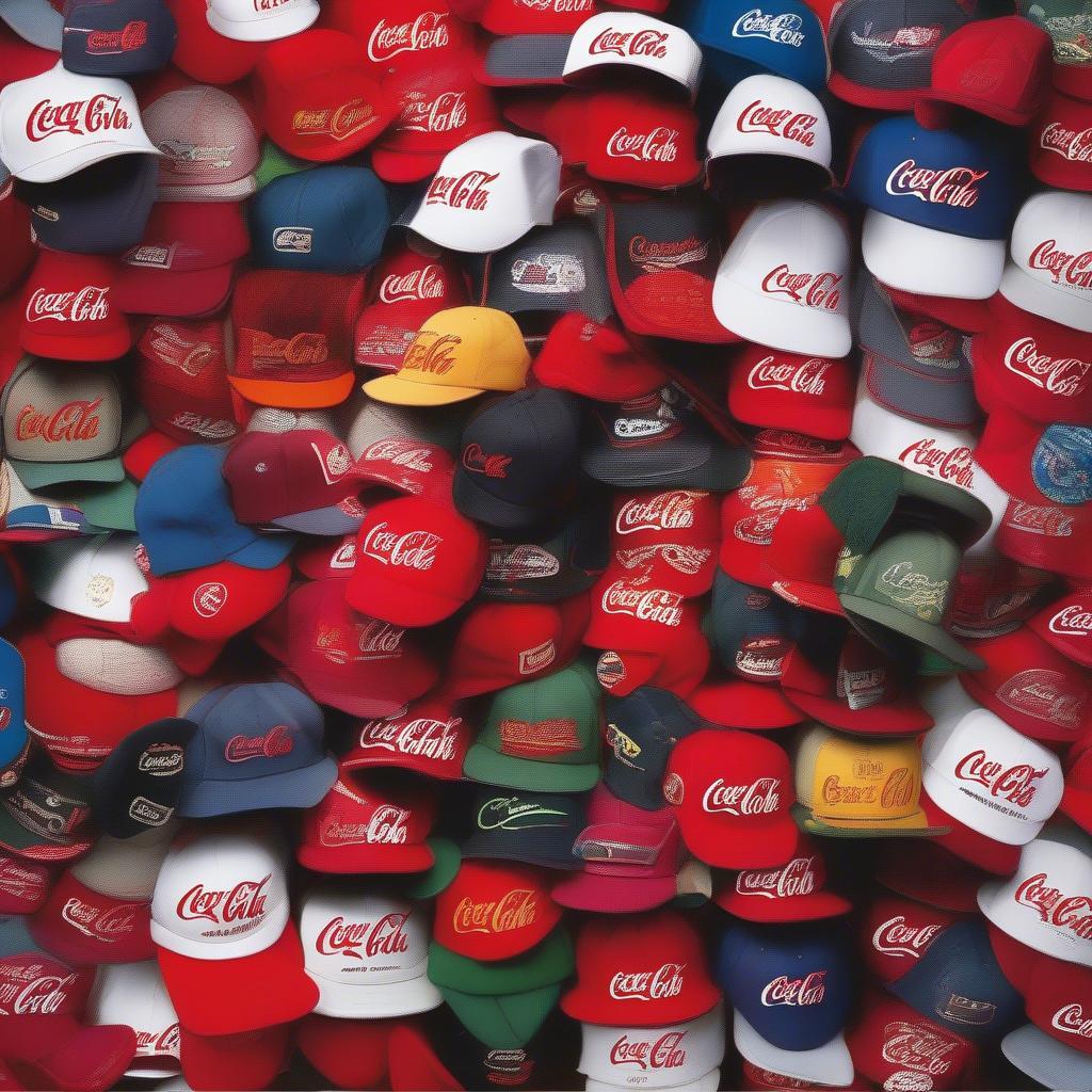 A collection of various Coca-Cola fitted hats displayed on a shelf.