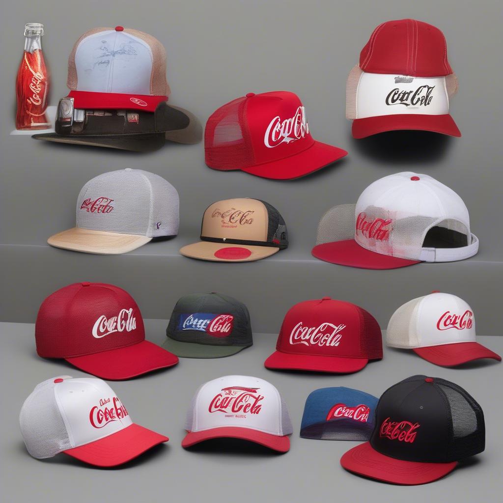 Different styles of Coca-Cola fitted hats including trucker hats, snapback hats, and classic fitted hats.