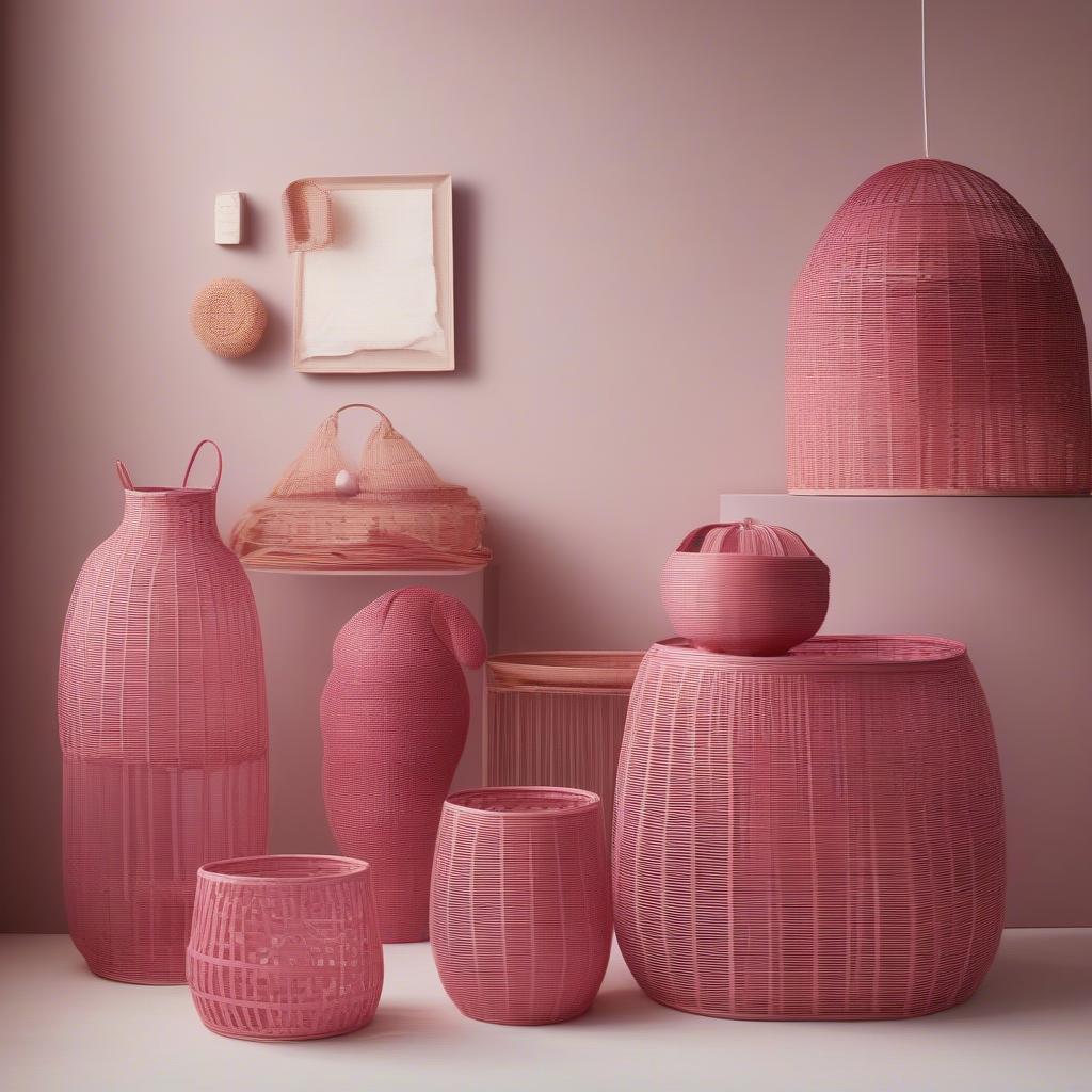 A collection of pink ghost rattan items, including baskets, trays, and a lampshade, demonstrating the versatility of the technique.