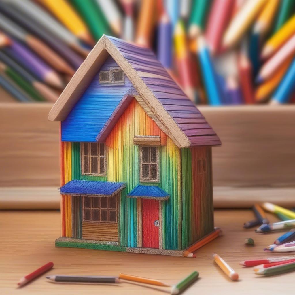 Building a Colored Pencil House: Step-by-step construction process with detailed illustrations showing how to assemble the colored pencils into a house structure.