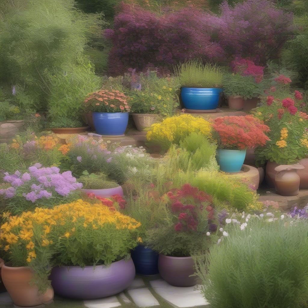 Colorful ceramic herb pots in a garden setting, surrounded by vibrant flowers.