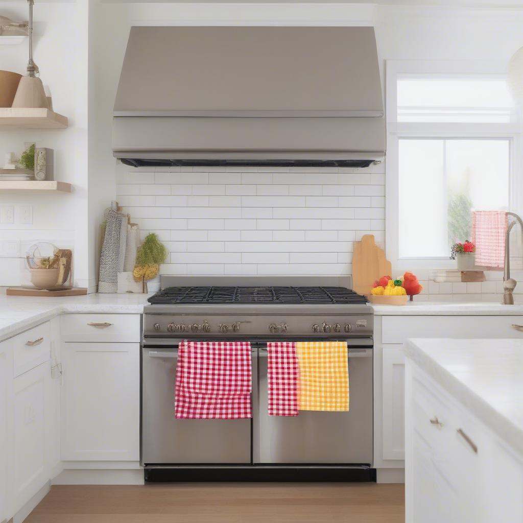 Colorful gingham tea towels hanging on an oven handle