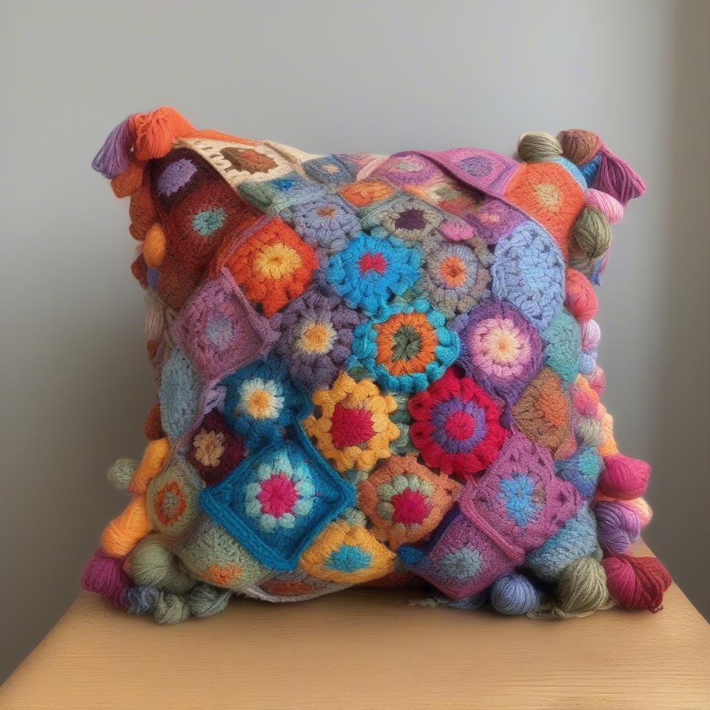 A variety of colorful yarn balls arranged around a finished granny square pillow.