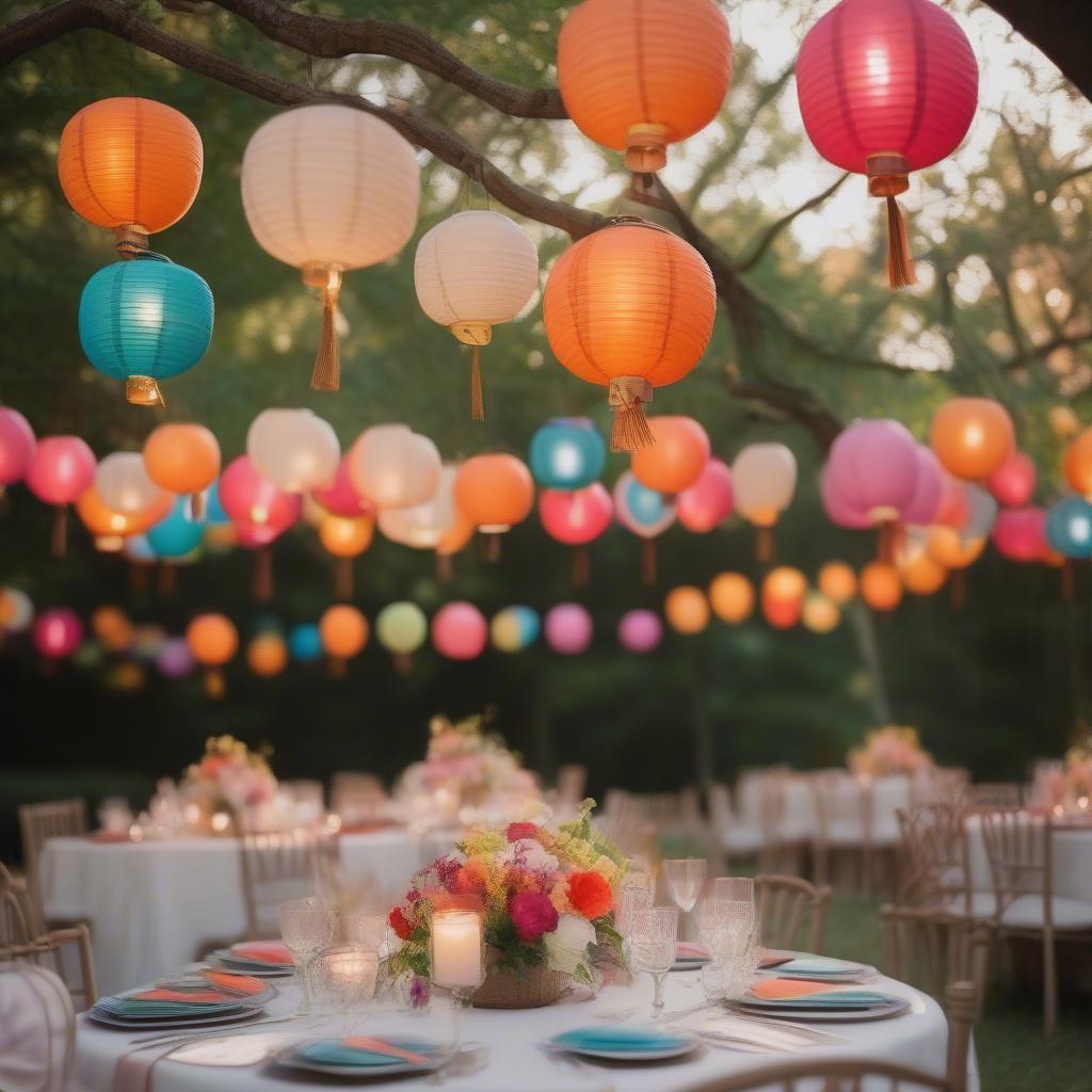 Colorful hanging lanterns at an outdoor wedding