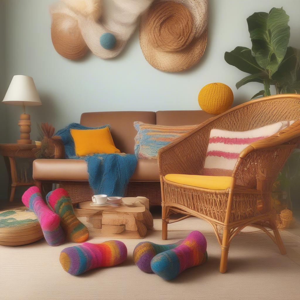 Colorful lucky socks and wicker furniture.