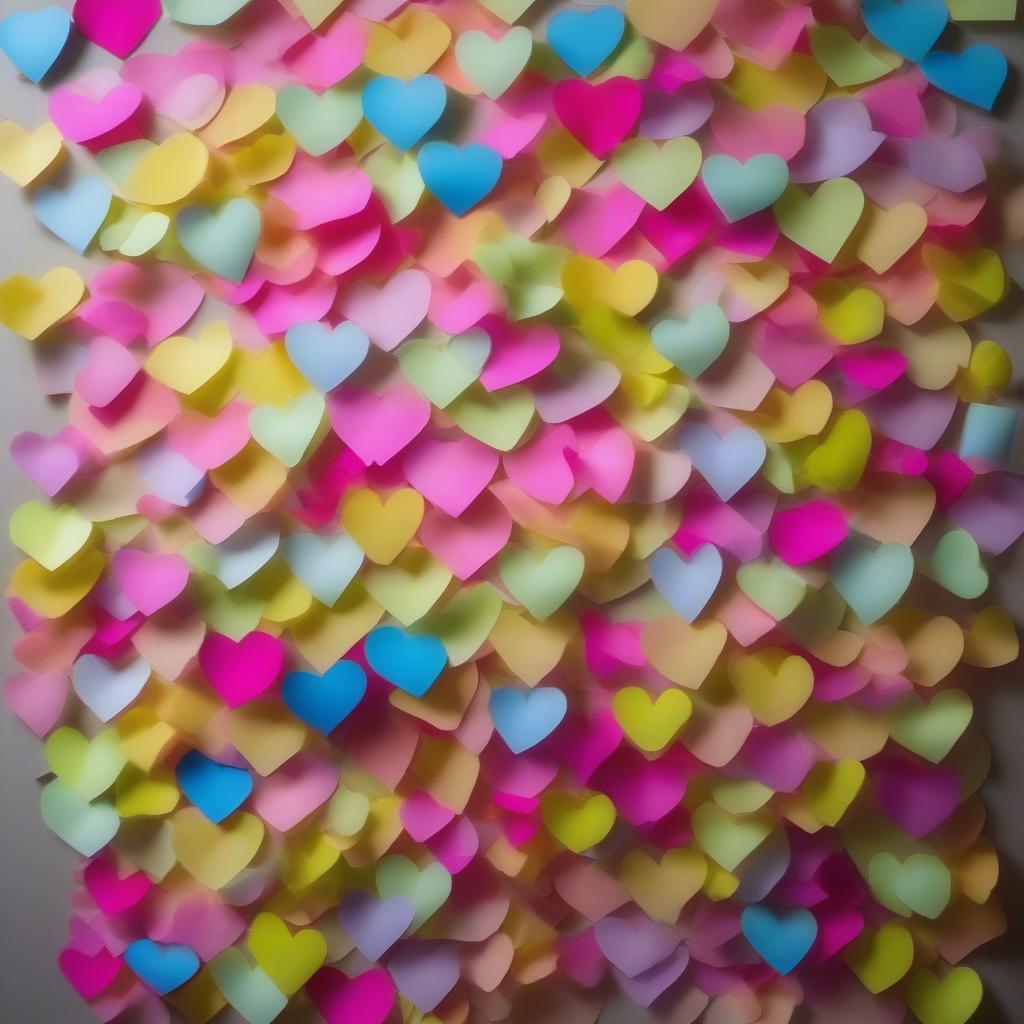 Colorful sticky note hearts decorating a wall