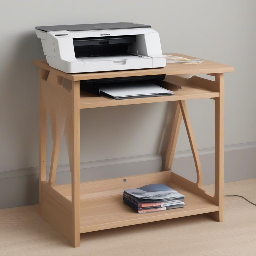 Compact wood printer stand for small spaces.