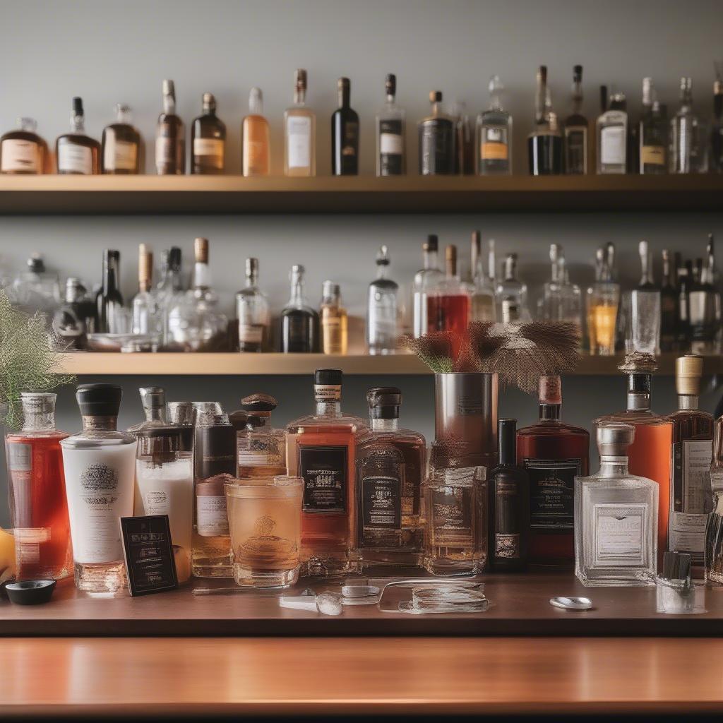 A complete mixologist starter kit laid out on a bar.