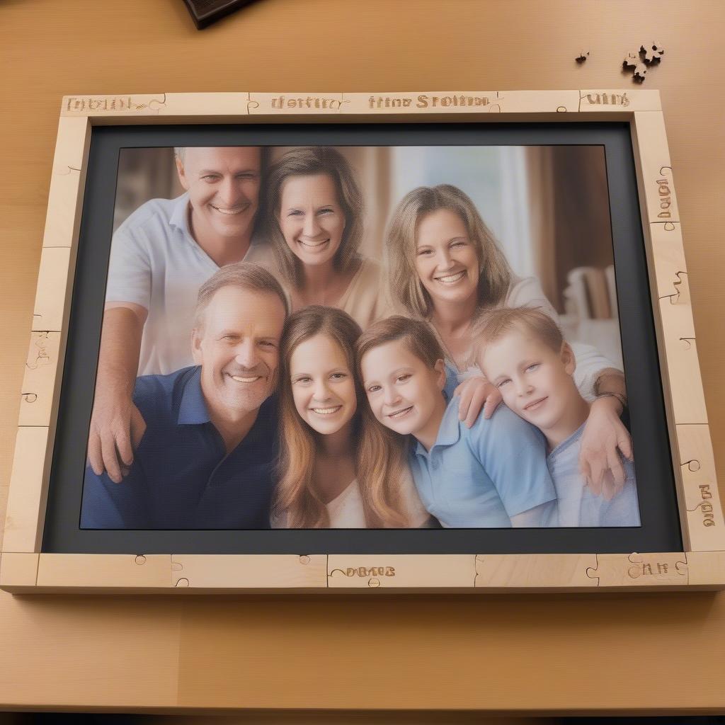 A fully assembled personalized wooden puzzle displaying a family photo.