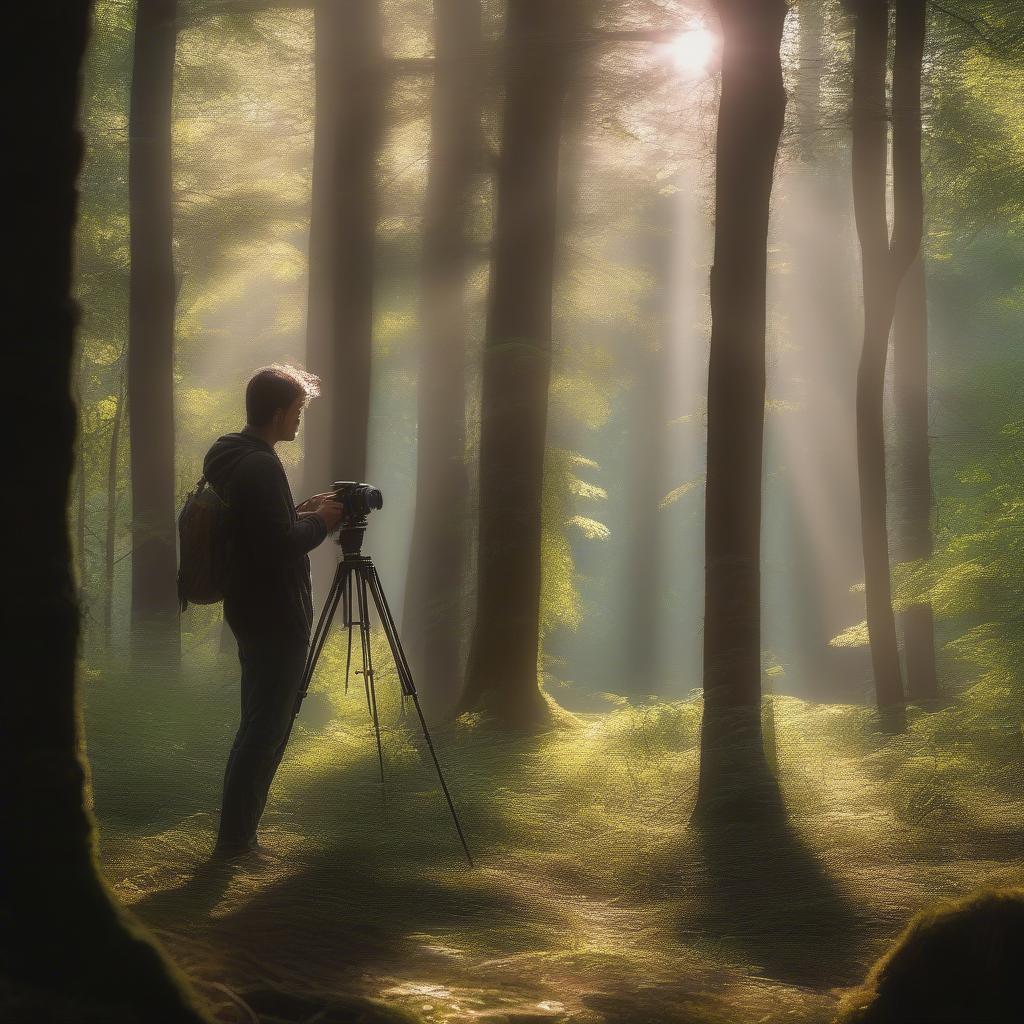 A photographer immersed in a forest setting, capturing the beauty of nature through their lens.