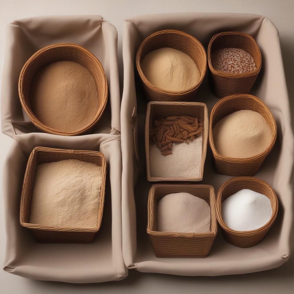 Rattan baskets holding various cookie ingredients like flour, sugar, and spices.