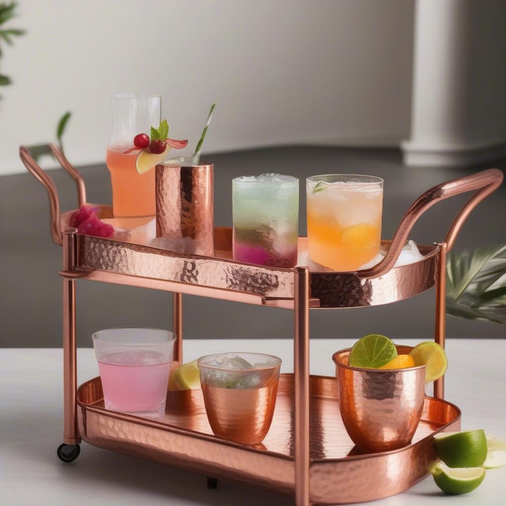 Copper hammered cups filled with various beverages, including cocktails, iced tea, and water.