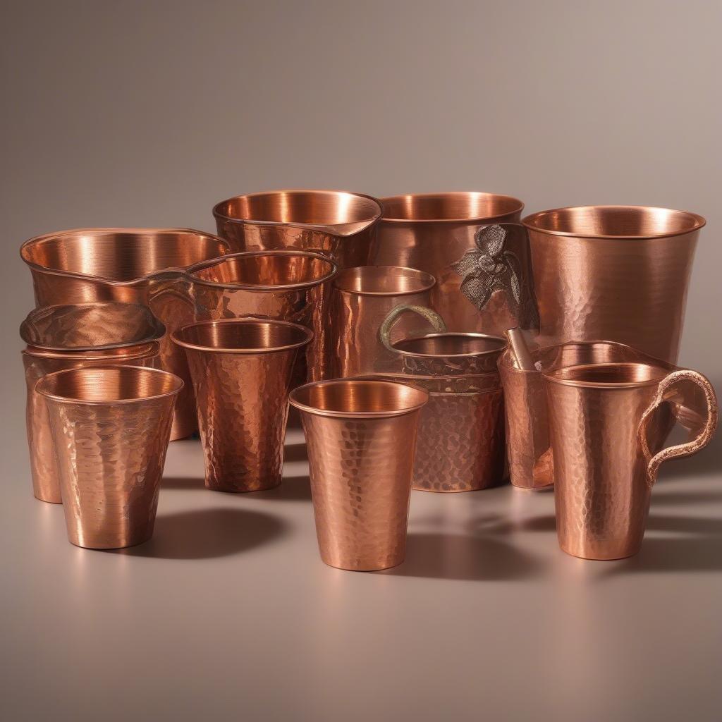 Various styles of copper hammered cups showcasing different hammer patterns and sizes.