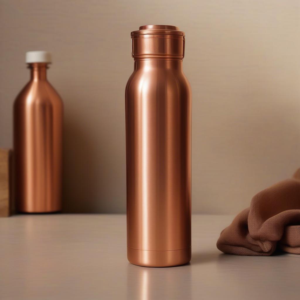 Copper water bottle with Ayurvedic markings, showcasing its traditional uses and potential health benefits.