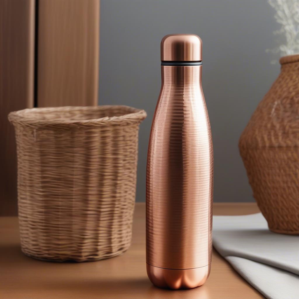 Copper water bottle resting on a woven wicker table