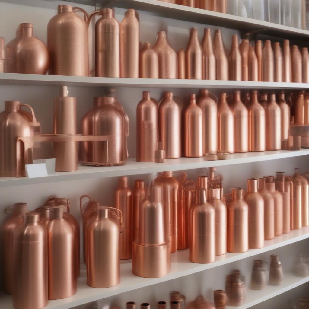 Variety of copper water bottles in different sizes and designs.