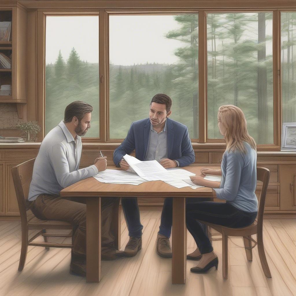 A couple seated at a table with a real estate agent, discussing financing options for a house in the woods.