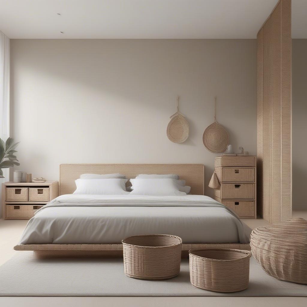 Minimalist design with wicker baskets in a couples' bedroom