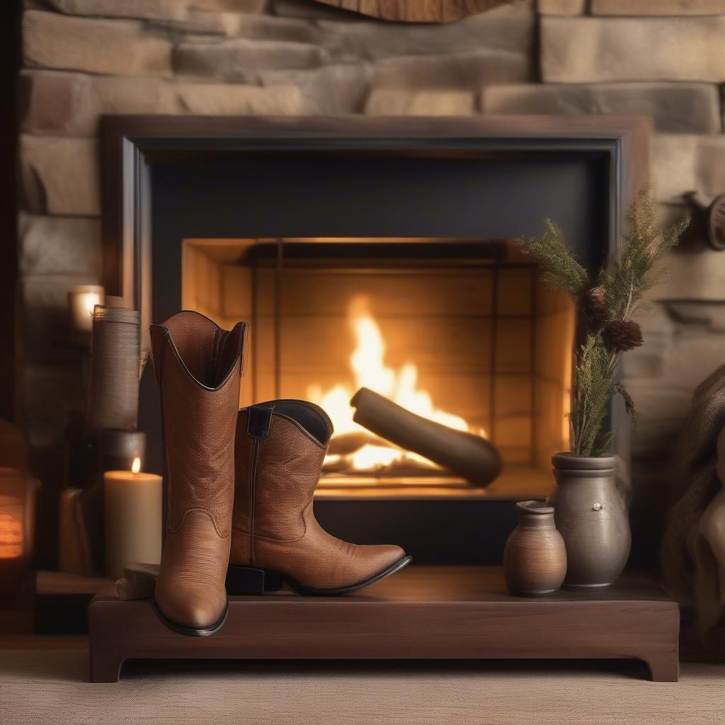 Cowboy Boot Match Holder by the Fireplace