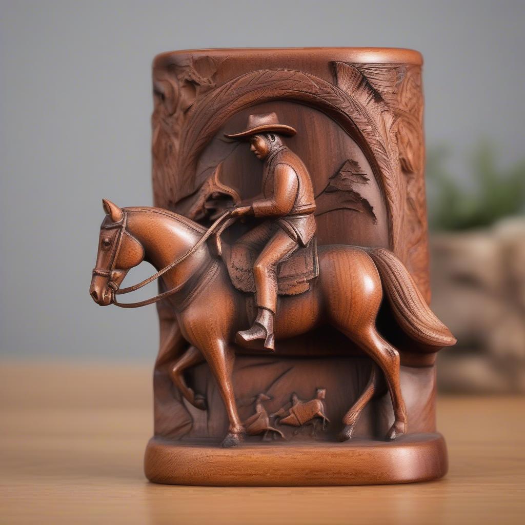 Hand-Carved Wooden Cowboy Match Holder