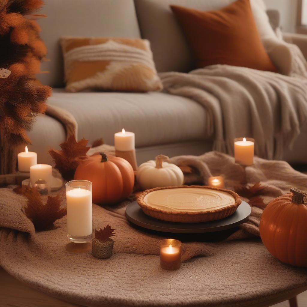 Cozy autumn setting featuring a lit candle pumpkin pie, warm lighting, and natural textures