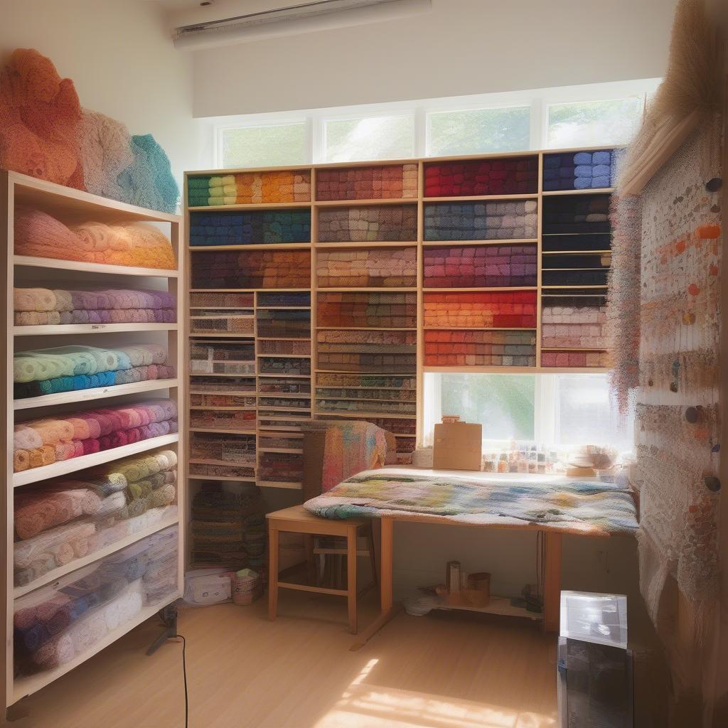 Organized craft supplies and tools neatly arranged in a small wood house.