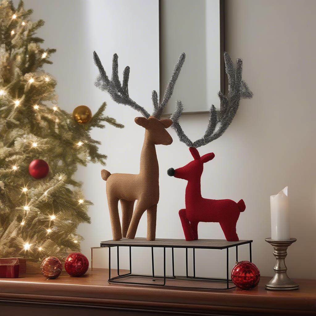 Crate and Barrel Reindeer Stocking Holder Displayed on a Mantel