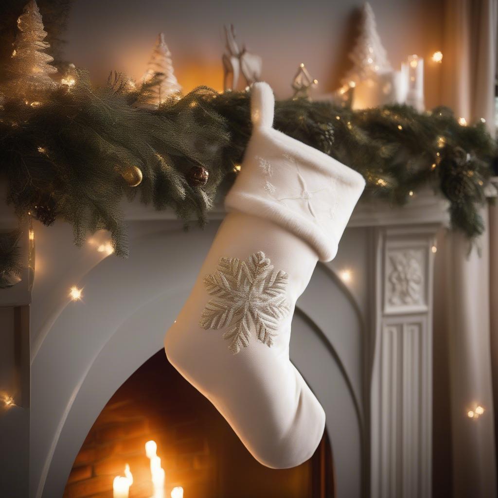 Cream velvet stocking hanging on a mantelpiece with other holiday decorations