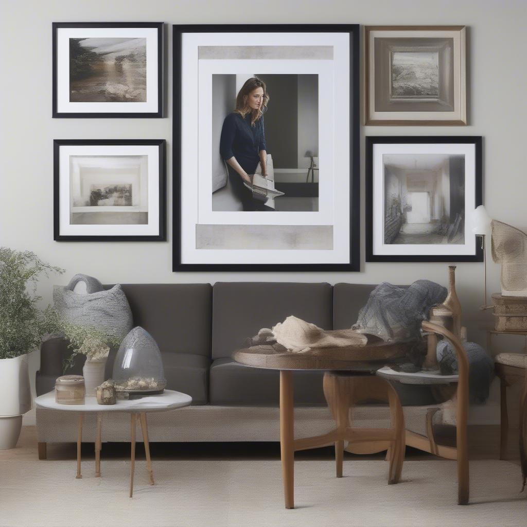 Creating a gallery wall with various prints, demonstrating the process of arranging and hanging different sized framed prints on a wall to create a visually appealing and cohesive display.