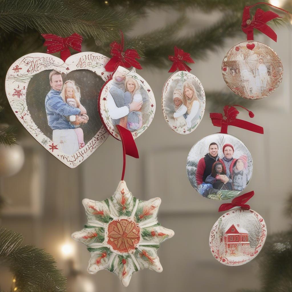 Various custom picture ornaments showcasing different shapes, sizes, and personalization techniques, including painted details and added embellishments.