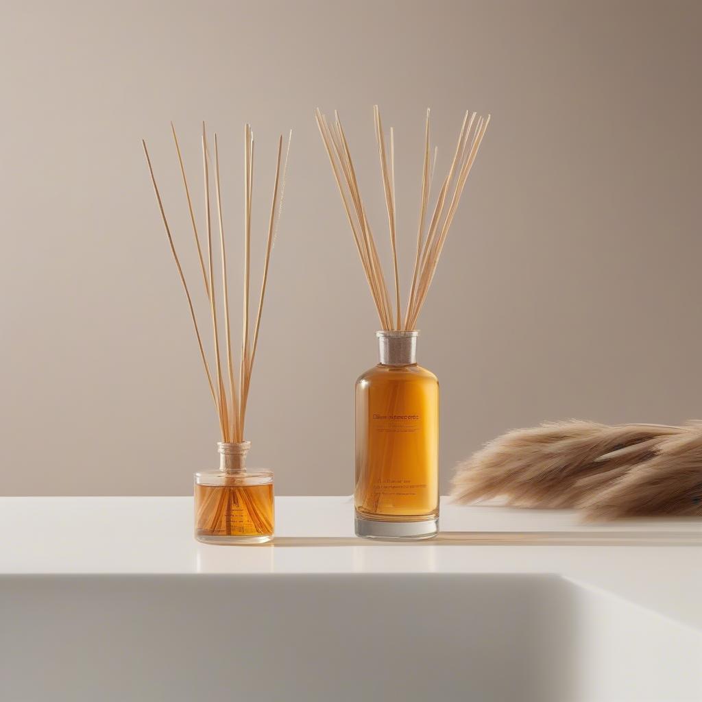 A reed diffuser filled with creme brulee fragrance oil, subtly scenting a minimalist room.