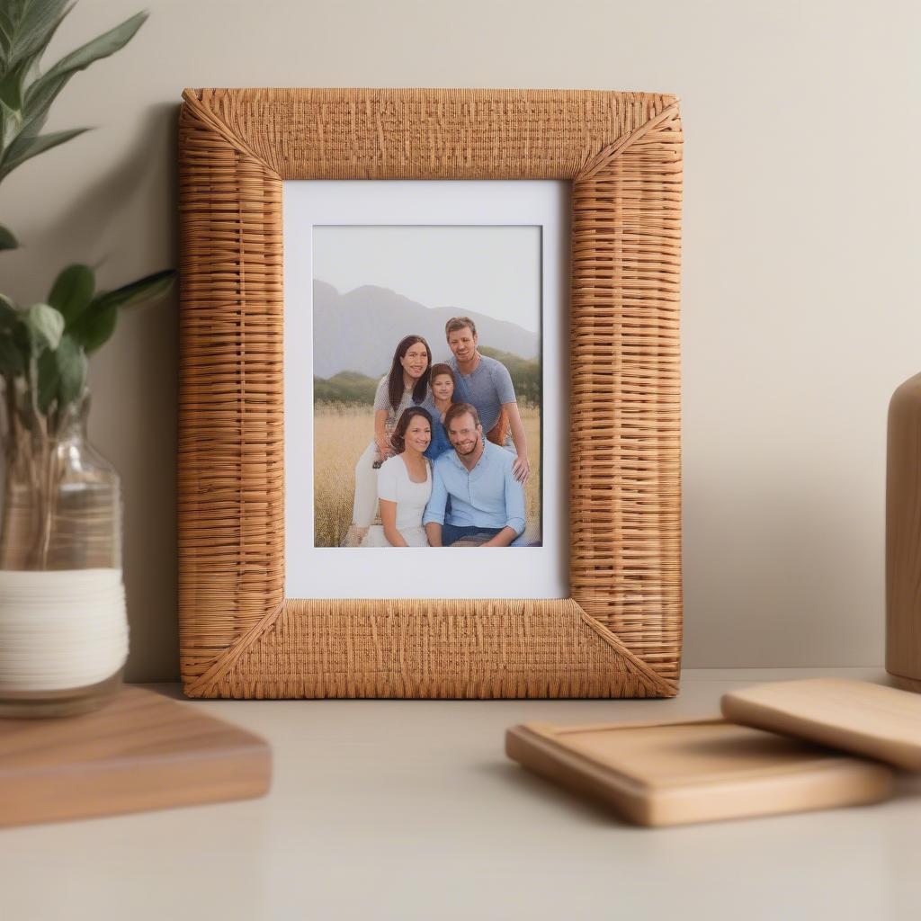 Custom 5x7 wicker picture frame showcasing a family photo on a living room wall