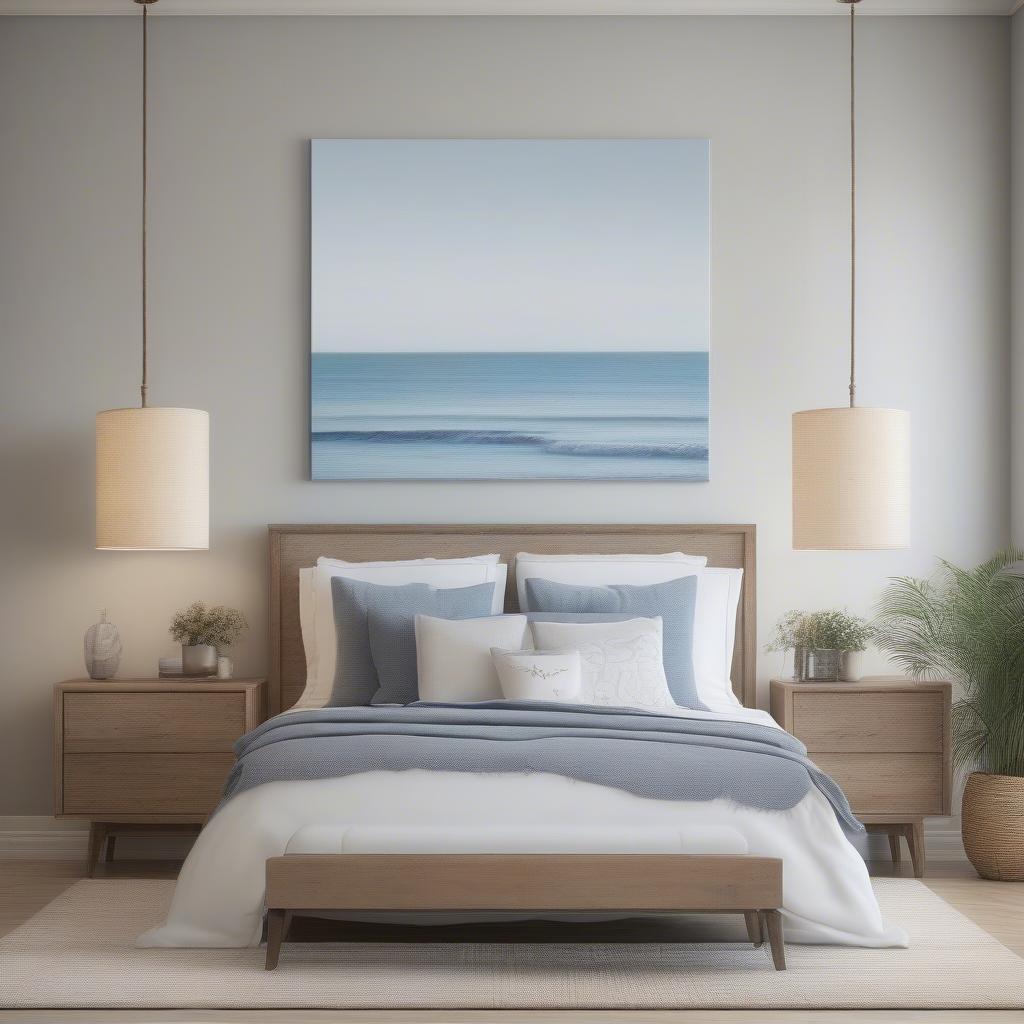 A calming bedroom with a large custom canvas print above the bed