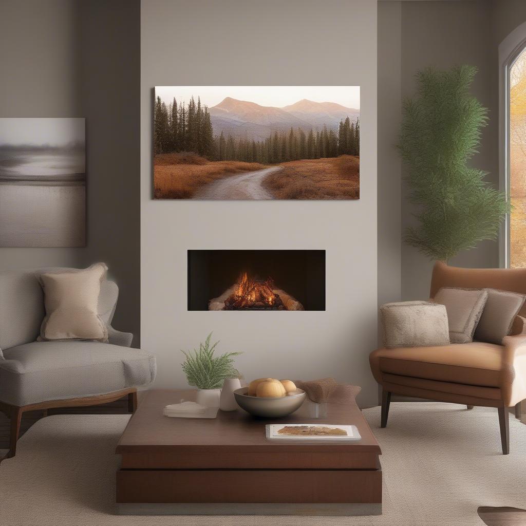 Custom canvas print displayed above a fireplace in a cozy living room