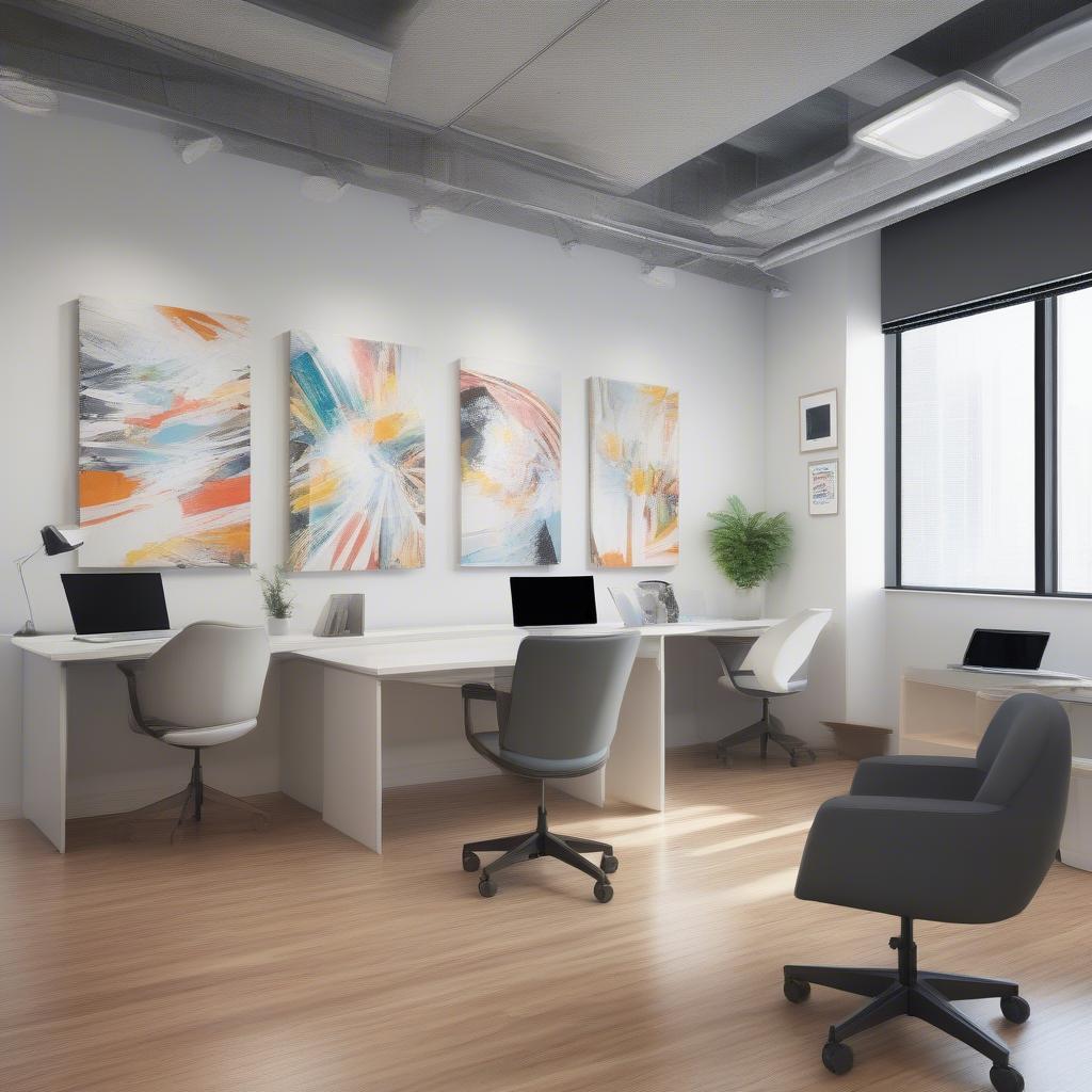 Modern office space with custom canvas prints on the walls