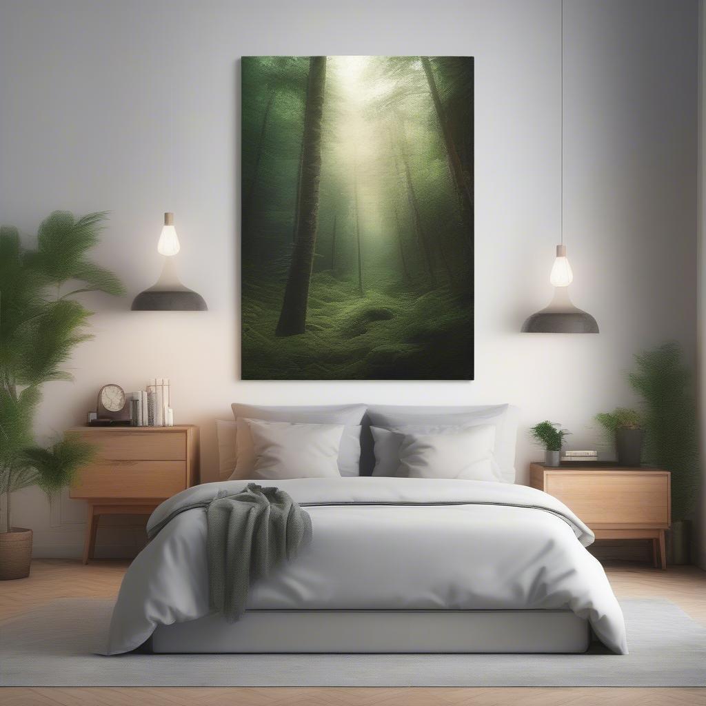 Close-up of a custom canvas print with a nature scene hanging above a bed in a bedroom.