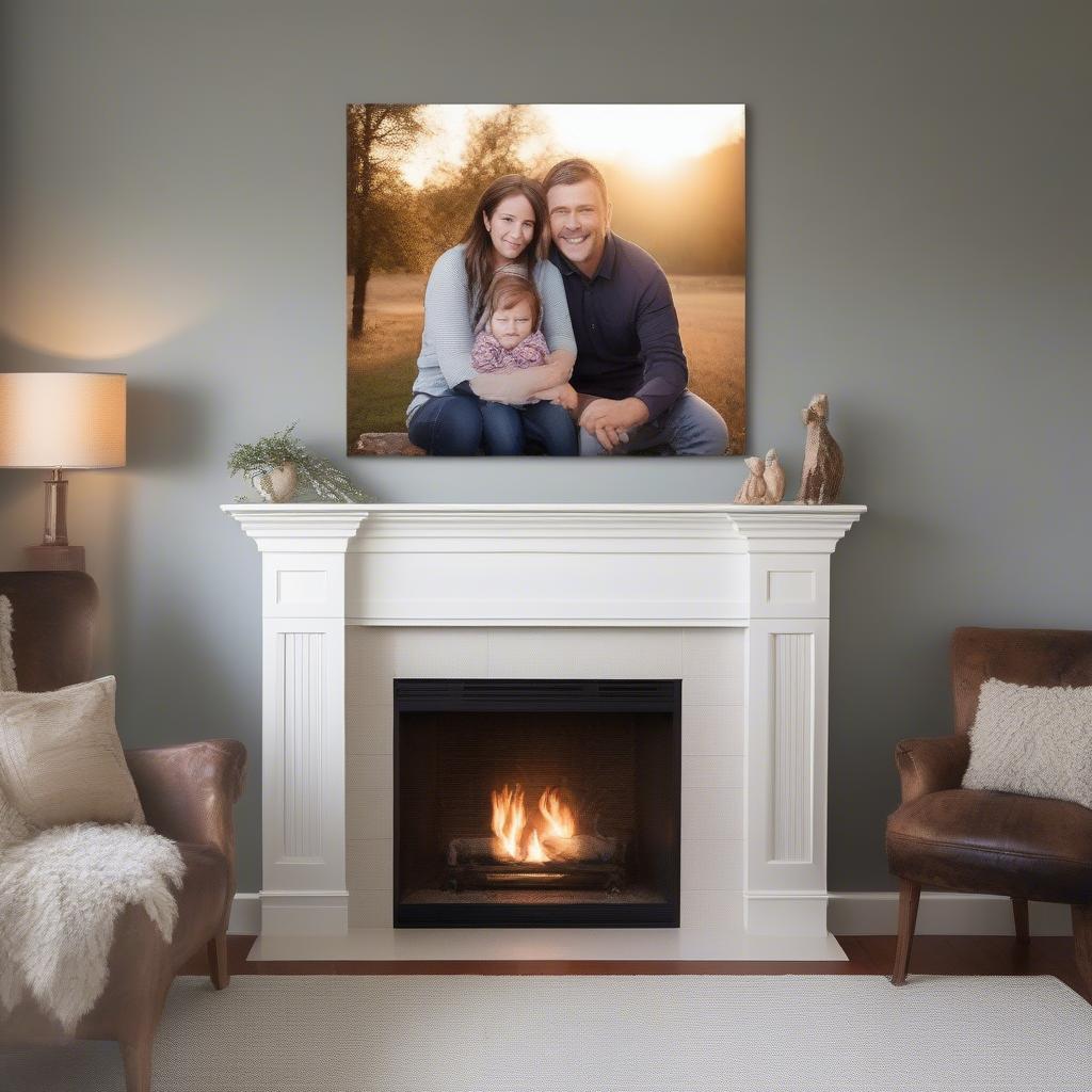 A custom canvas print featuring a large family photo displayed in a living room.