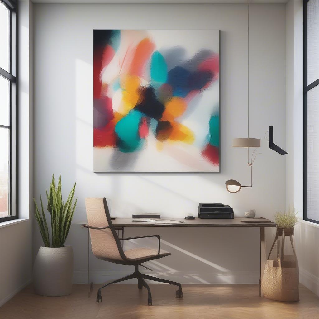 Custom canvas print with an abstract design hanging in a modern office.