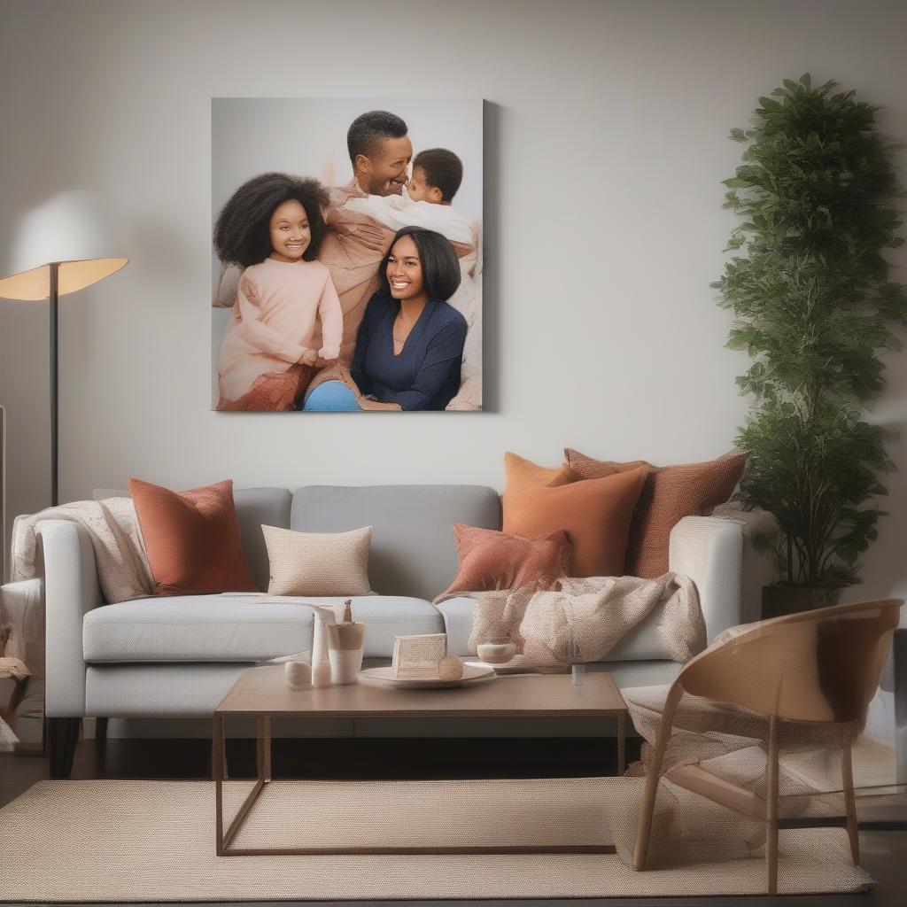 Custom canvas prints add a personalized touch to a living room