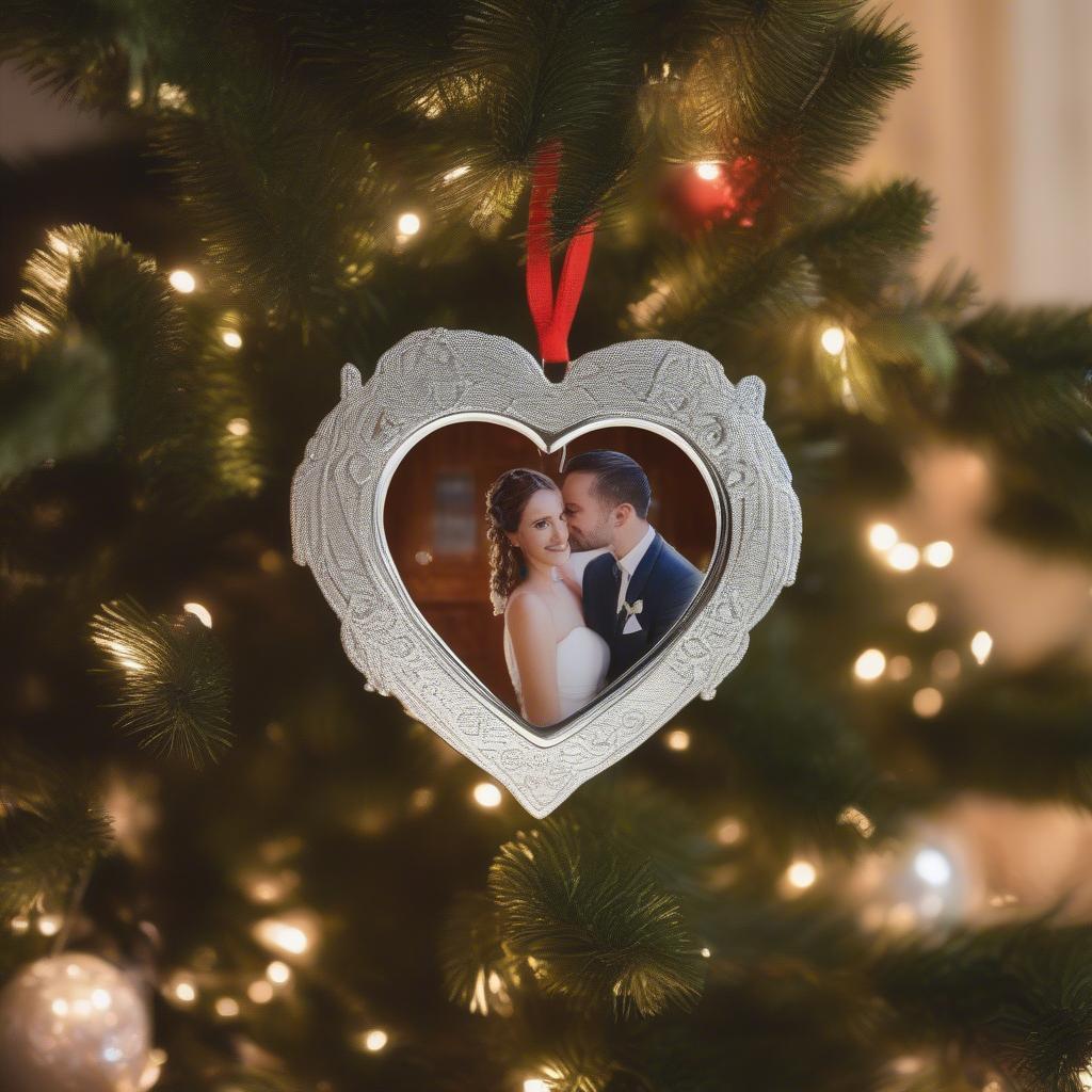 Custom Christmas ornament featuring a wedding photo