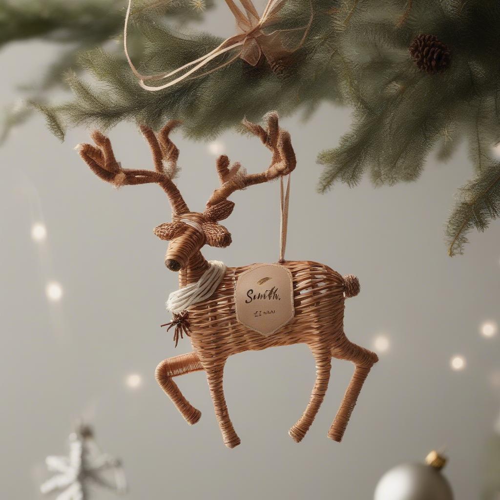 Wicker reindeer custom Christmas ornament with family name woven in.