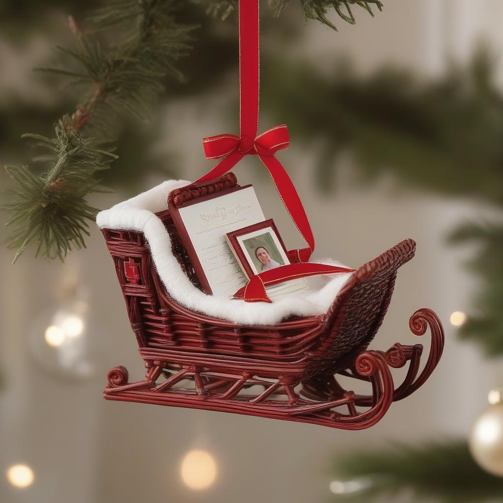 Wicker sleigh custom Christmas ornament with family photos.