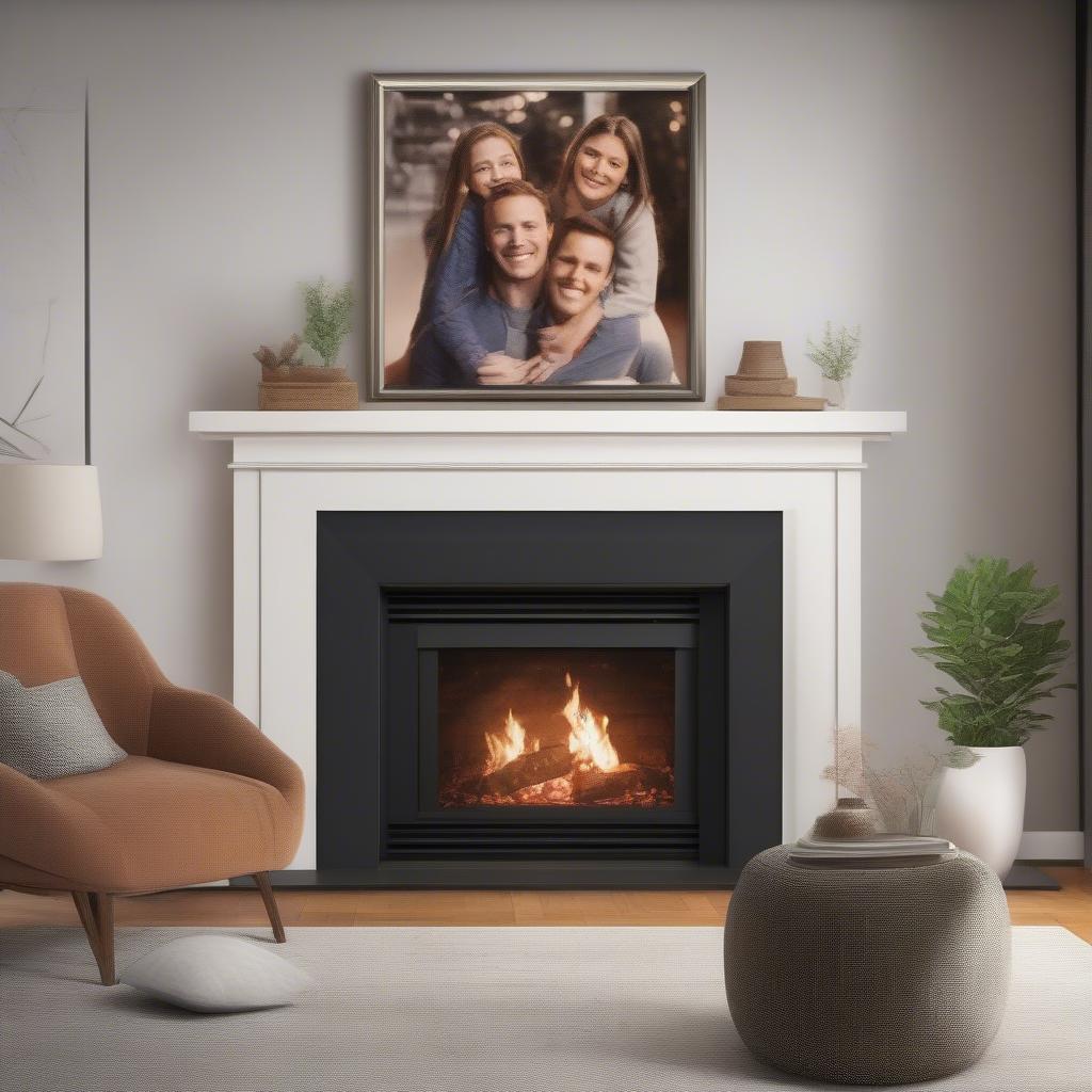 A custom framed canvas print hanging above a fireplace in a cozy living room.