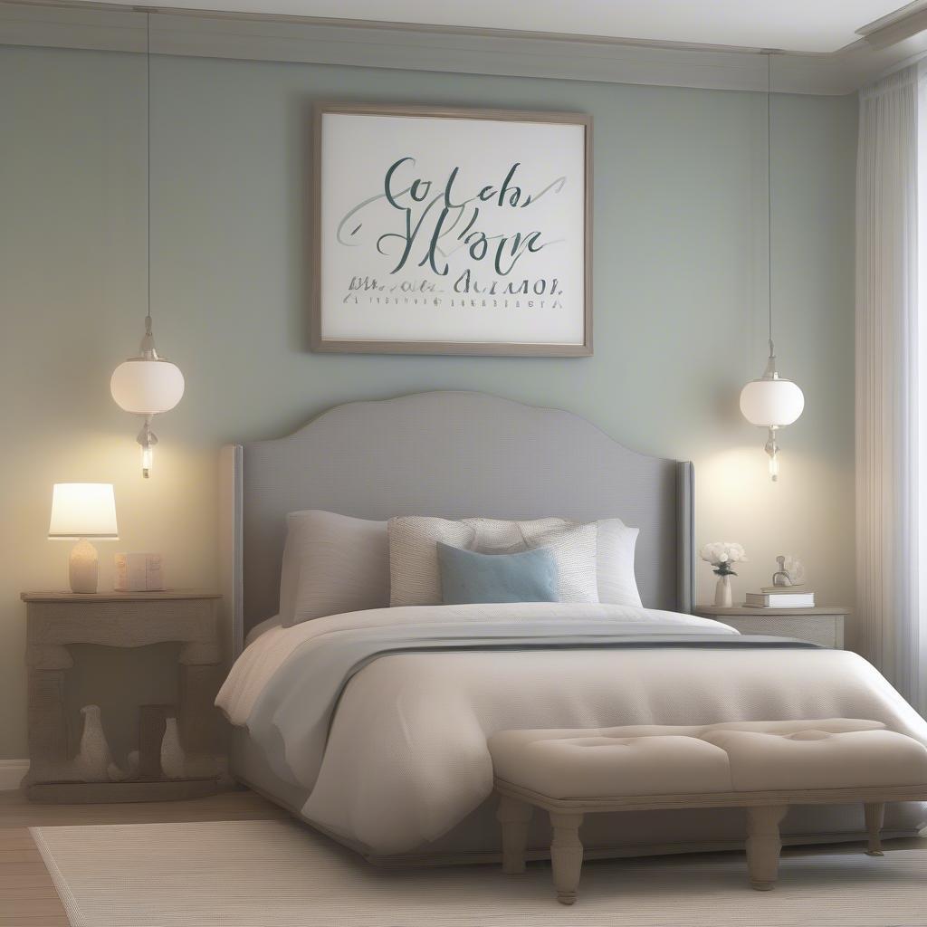 Personalized framed quotes in a bedroom setting, highlighting different font styles and frame sizes.