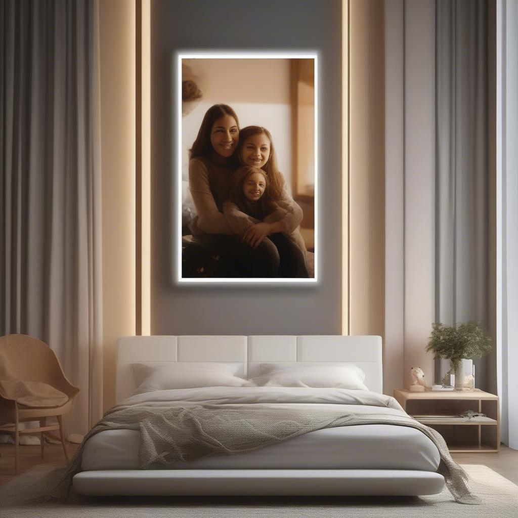 A custom frameless poster frame in a bedroom, displaying a personal photograph and incorporating integrated lighting.