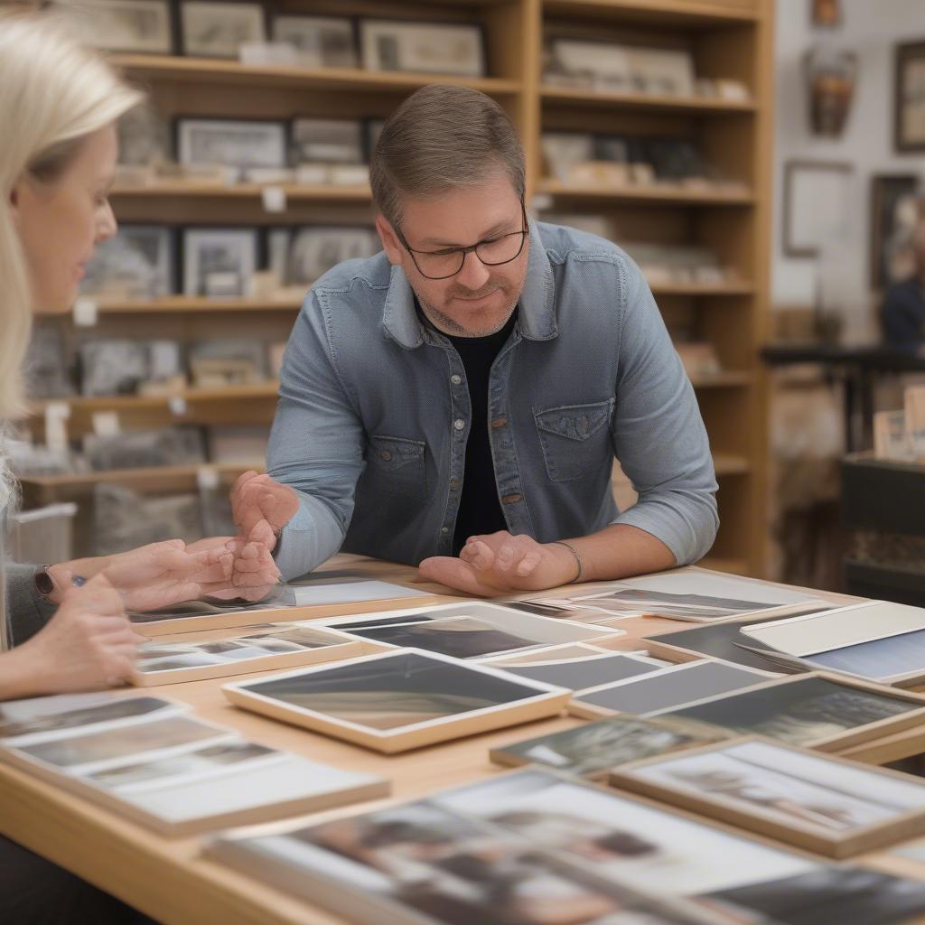 A customer consulting with a framing expert about custom framing options for their canvas print.